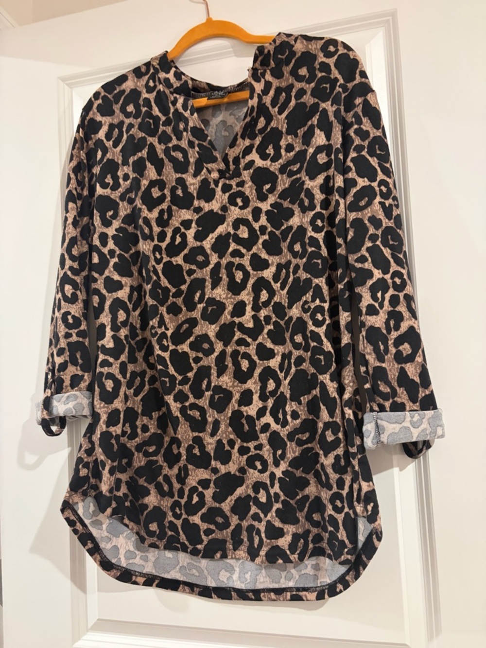 Leopard Print V-Neck Soft Tunic Top - Black and Tan